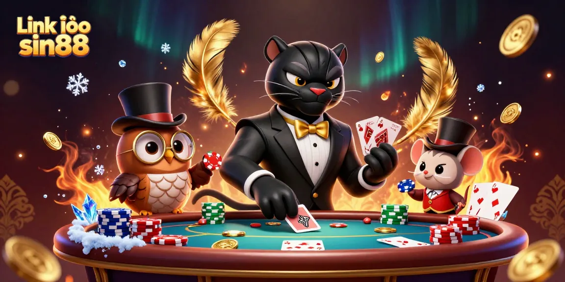 Link vào sin88 showcases a stylish black panther, an owl, and a mouse in a vibrant casino scene.