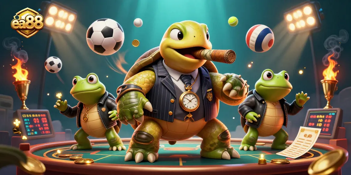 Join the fun at ea88 with a casino scene featuring a snapping turtle mobster and sports elements.