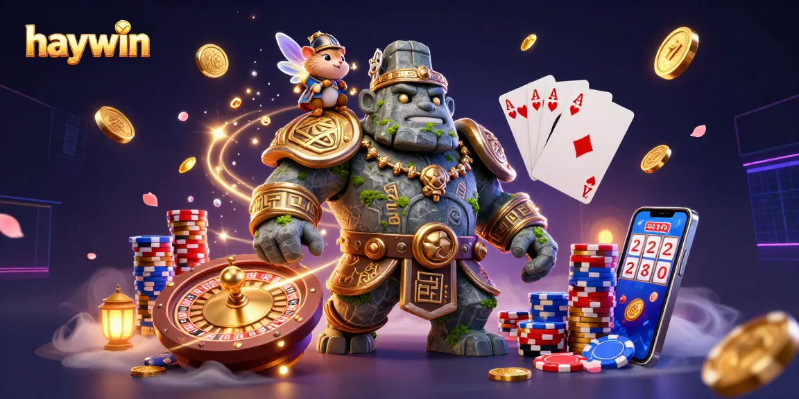 Experience the thrill of haywin with magical characters amid cascading coins and a spinning roulette in a vibrant casino.