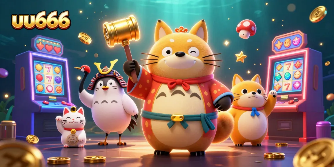 Join the excitement of uu666 with animated characters among dazzling slot machines and vibrant casino elements.