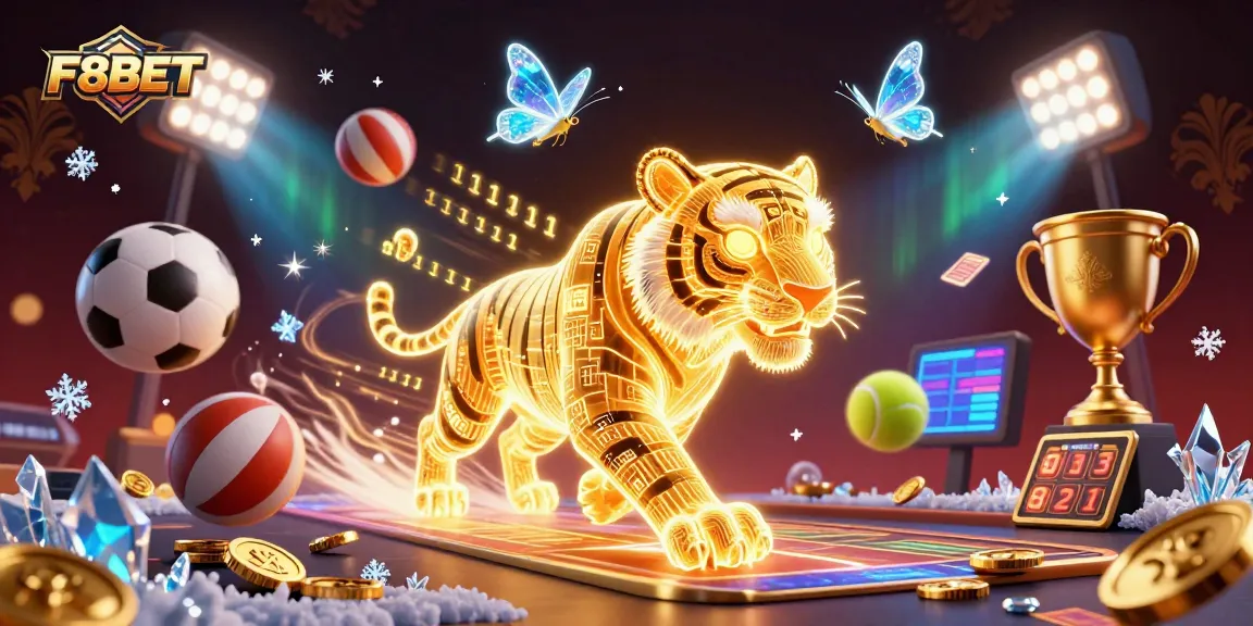 Experience the excitement of F8BET with a dynamic casino scene featuring a golden tiger and holographic elements.