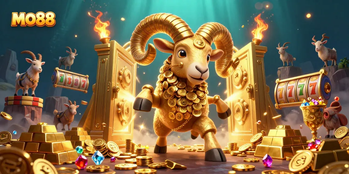 mo88 showcases a dynamic 3D casino scene with a golden ram and vibrant gaming elements, igniting excitement.