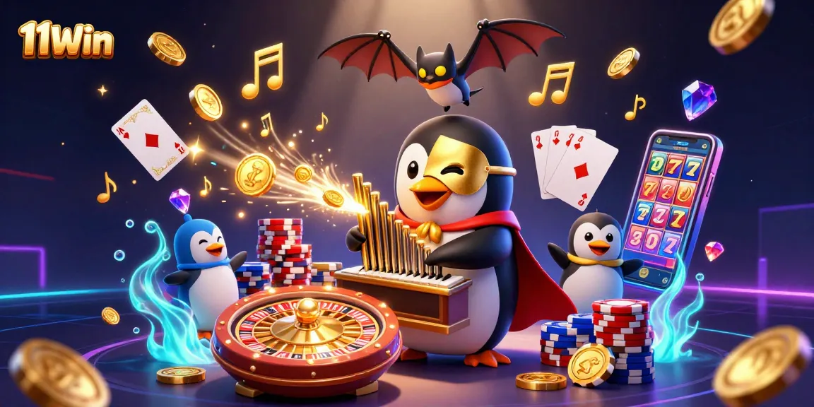 11Win enchanted gameplay featuring a lively phantom penguin orchestrating riches from a pipe organ amidst dazzling casino elements.