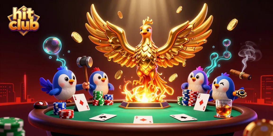 Experience thrilling bets at hit club with a golden phoenix and 3D poker elements in a vibrant casino scene.