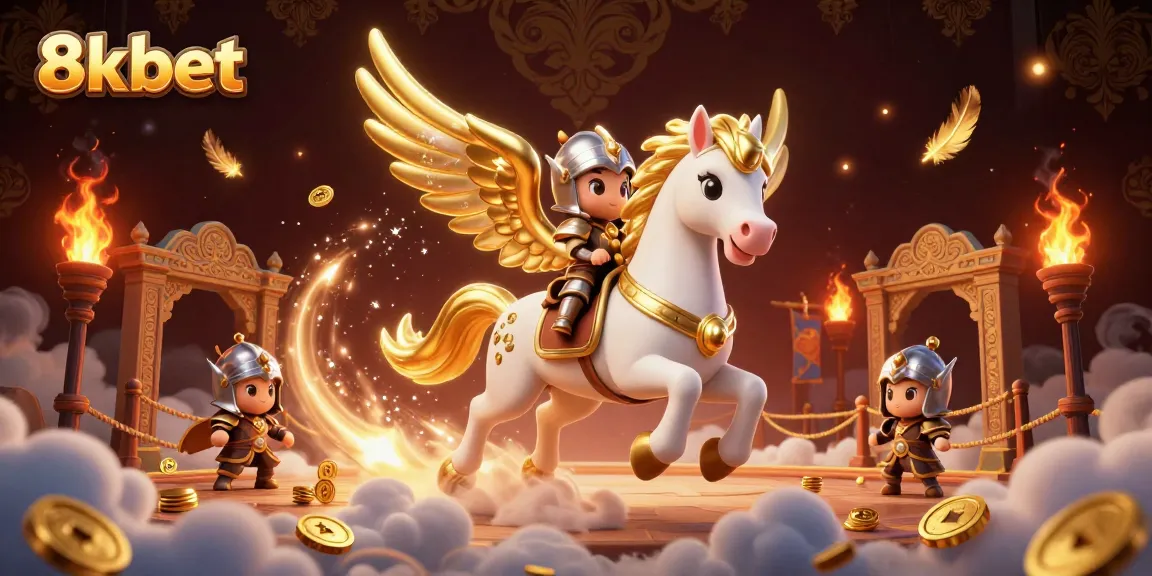 Experience thrilling gameplay at 8xbet, where a knight rides a starry steed amidst swirling golden tokens.