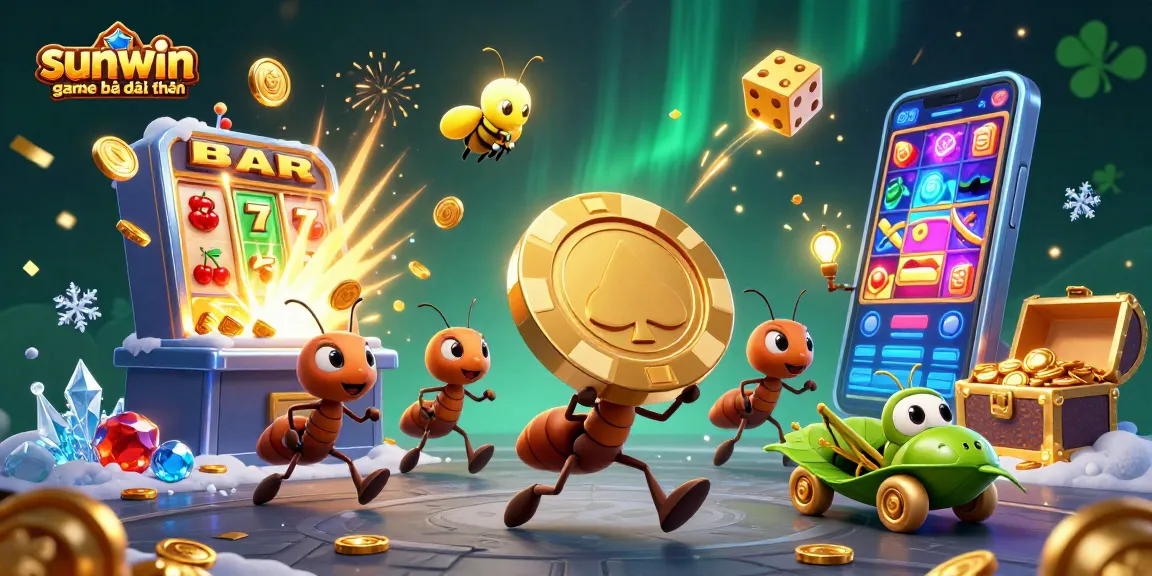 Engage in action with sunwin game bài đổi thưởng as ants heist golden chips in a vibrant casino scene.