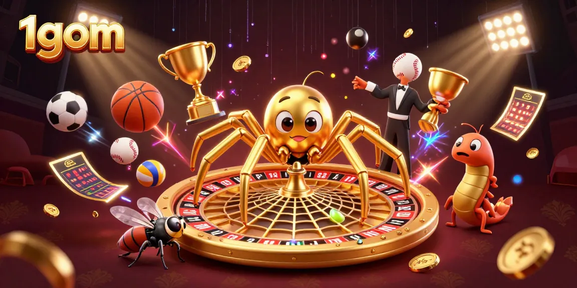1gom's interactive gambling scene with a golden spider, sports balls, and dynamic betting elements