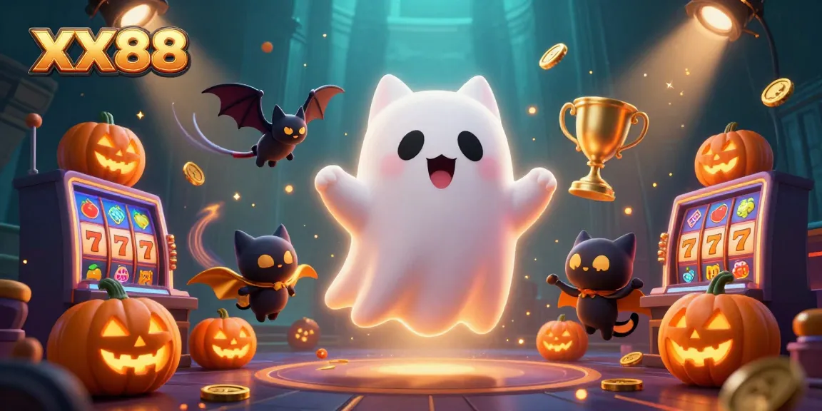 Join the exciting world of XX88 casino with a friendly ghost cat and vampire bat!