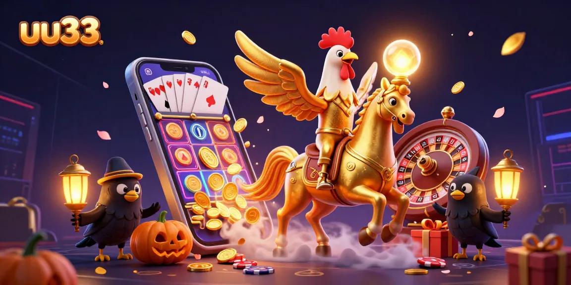 Experience thrilling slot action with uu33 as a golden rooster rides through a vibrant casino scene.