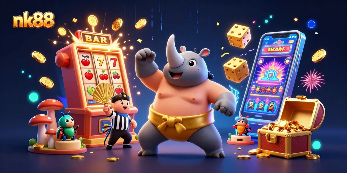 Experience thrilling wins at nk88 with a sumo beetle champion celebrating a jackpot explosion of coins.