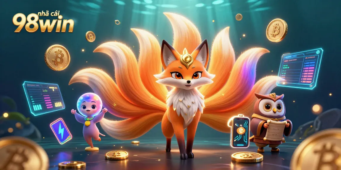 Experience thrilling gameplay at nhà cái 98win with dynamic colorful characters and crypto-themed elements.