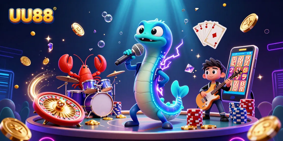 Experience the electric atmosphere of UU88's underwater casino with vibrant game elements and characters.