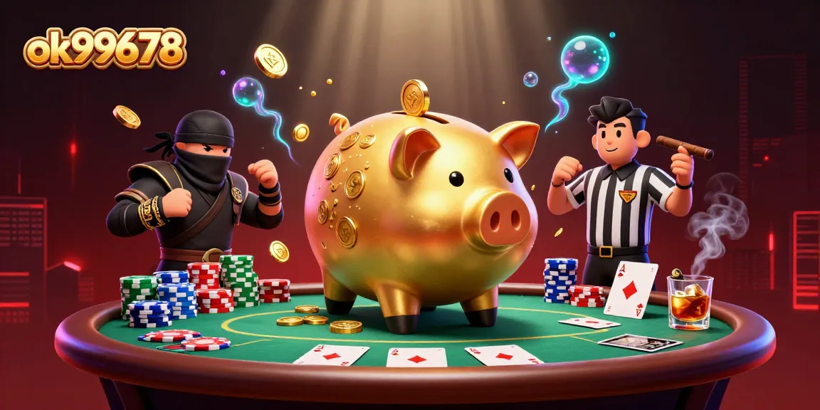 Engage with ok99678's thrilling action featuring animated piggy bank sumo wrestling amidst poker excitement.