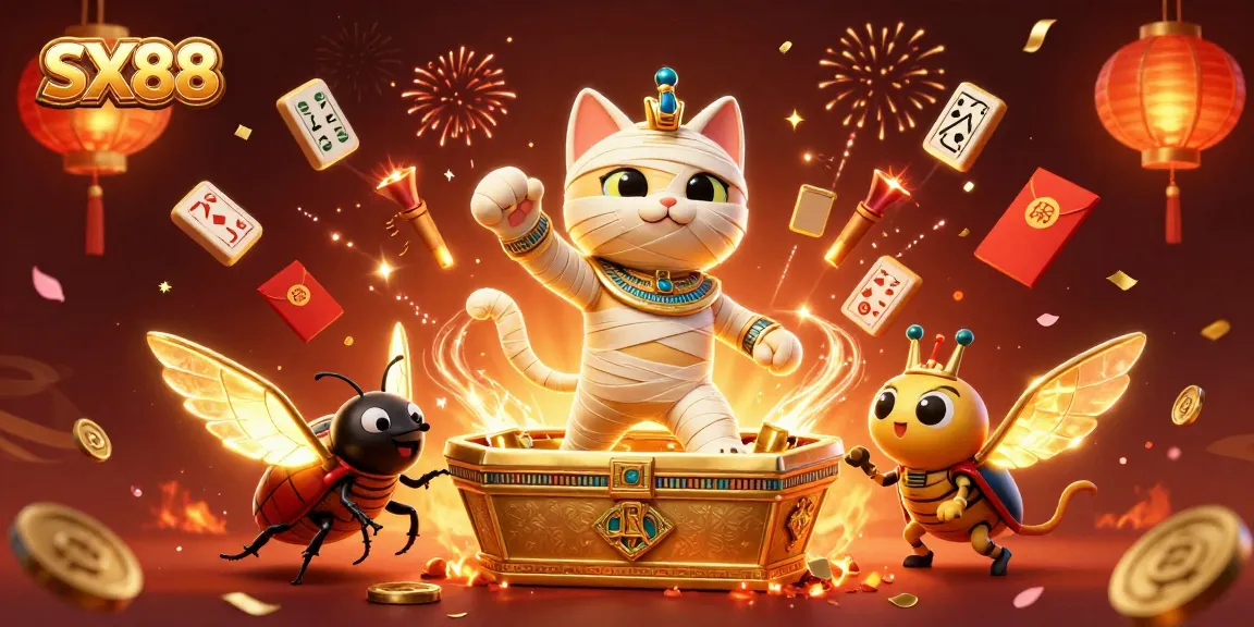 SX88 players engage in thrilling games with a 3D mummy cat and scarab in a vibrant casino scene.