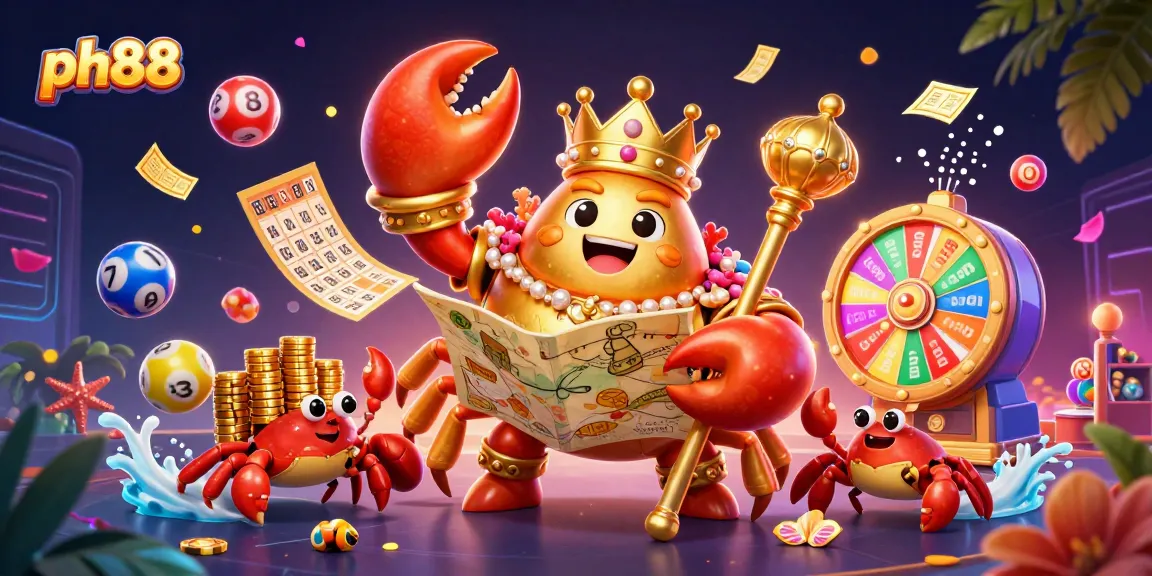 Engage with ph88's vibrant gaming scene featuring a golden crab emperor and dynamic lottery elements.