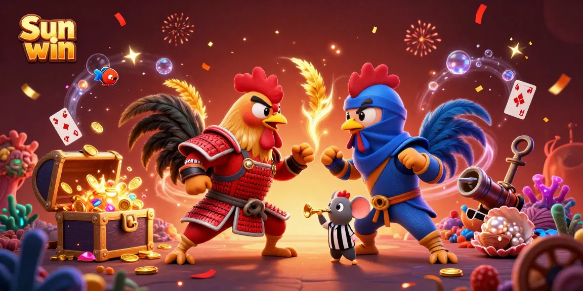 A thrilling standoff of roosters in samurai and ninja gear showcases Sun win casino gameplay excitement amidst gold treasures.
