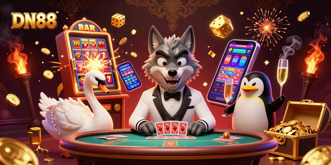 Experience thrilling gameplay at DN88 with our 3D cartoon casino characters in an exciting scene.