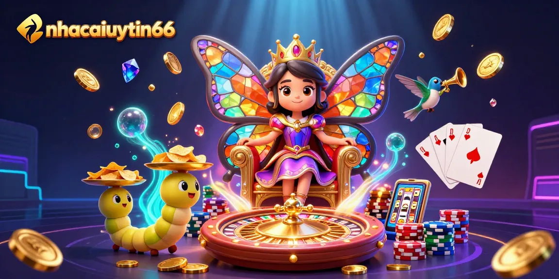 Bet on fortune with nhacaiuytin66's vibrant casino-themed illustration showing a butterfly queen and dynamic gambling elements.