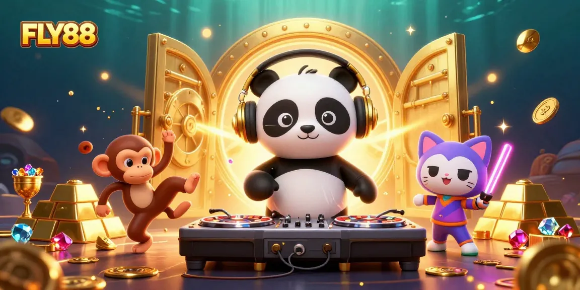 Experience FLY88's vibrant gaming world with a DJ panda, dancing monkey, and glowing kitten in a dynamic casino scene.