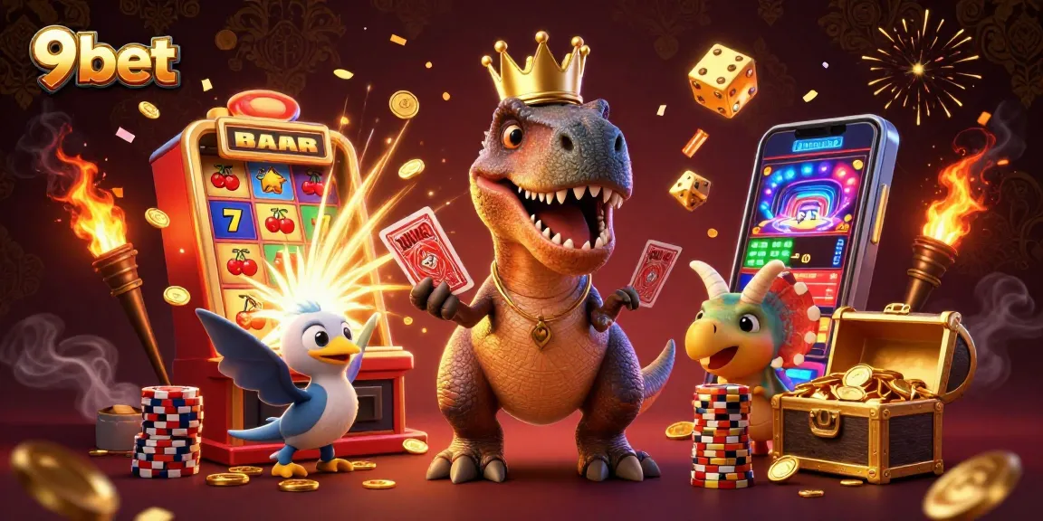 Engage with the 9bet T-Rex casino scene, featuring vibrant slot action and friendly dinosaur characters.