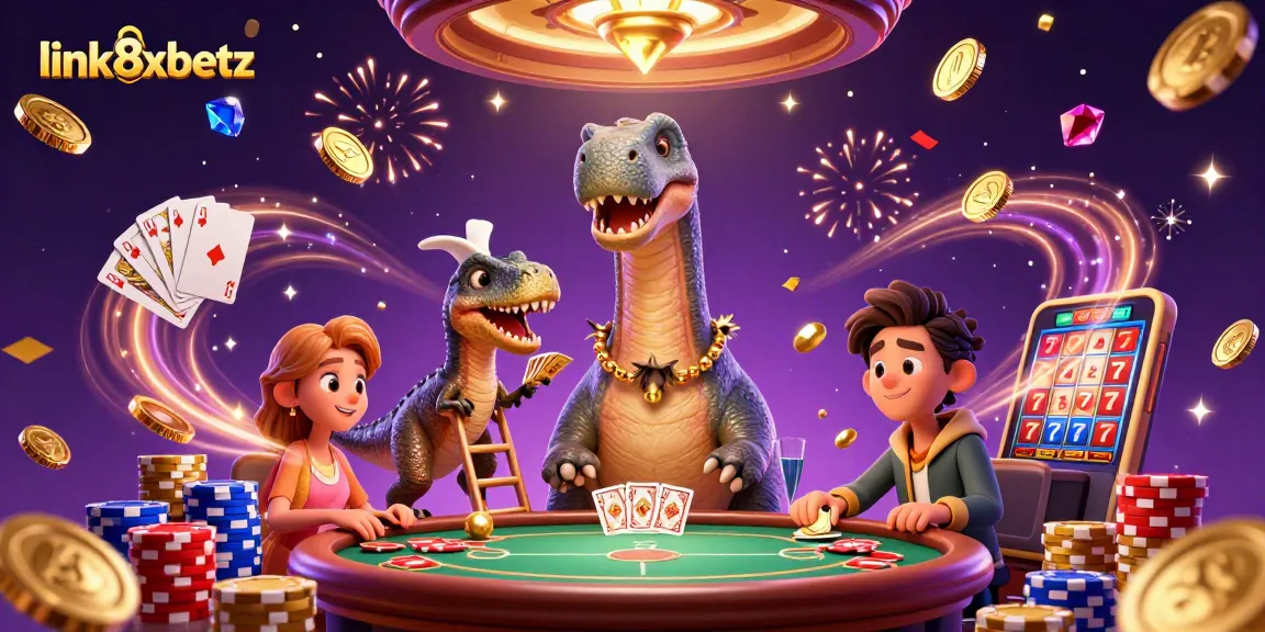 Engage in thrilling casino fun with link8xbetz as a giant brontosaurus peaks through the casino, adding playful energy.