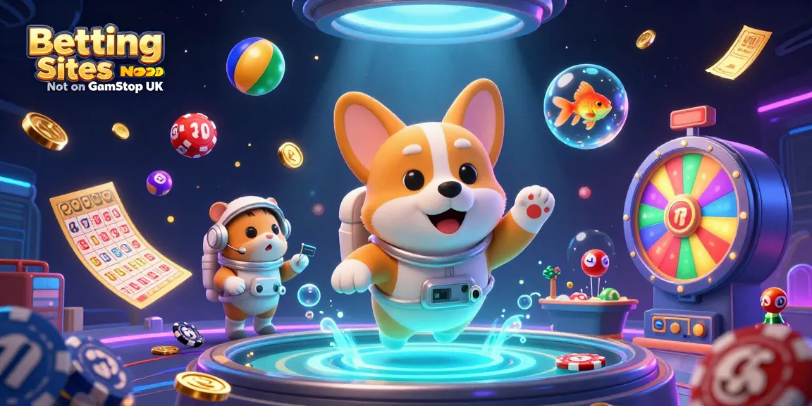 Engage with Betting Sites Not on GamStop UK in a vibrant casino adventure featuring a floating corgi and dynamic elements.