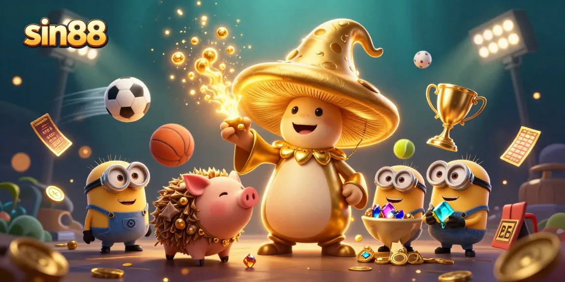 Experience thrilling wins at sin88 with a vibrant illustration of magical characters and dynamic sports elements.