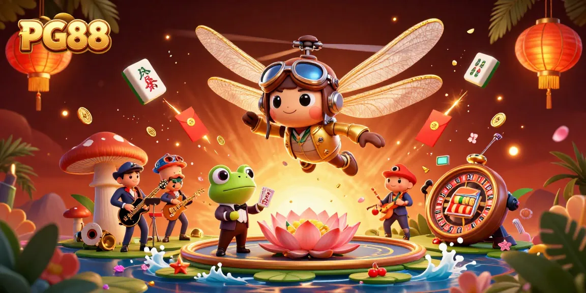 Join the fun at PG88 with a lively illustration showcasing a dragonfly pilot, frog croupier, and more.