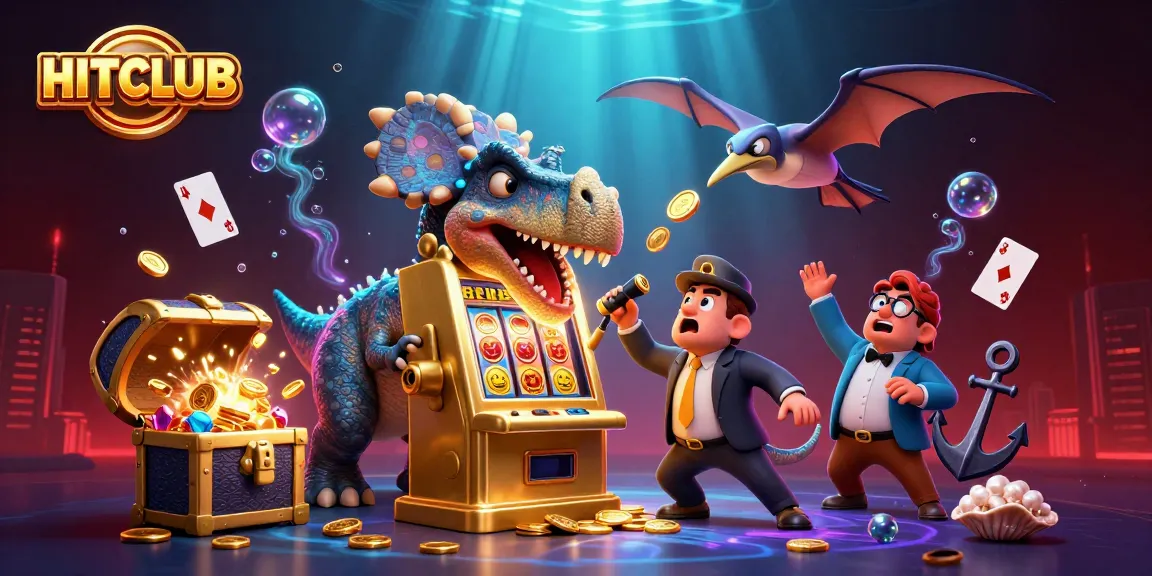 Experience HITCLUB excitement as a dinosaur triggers a slot jackpot, with coins raining and casino chaos all around.