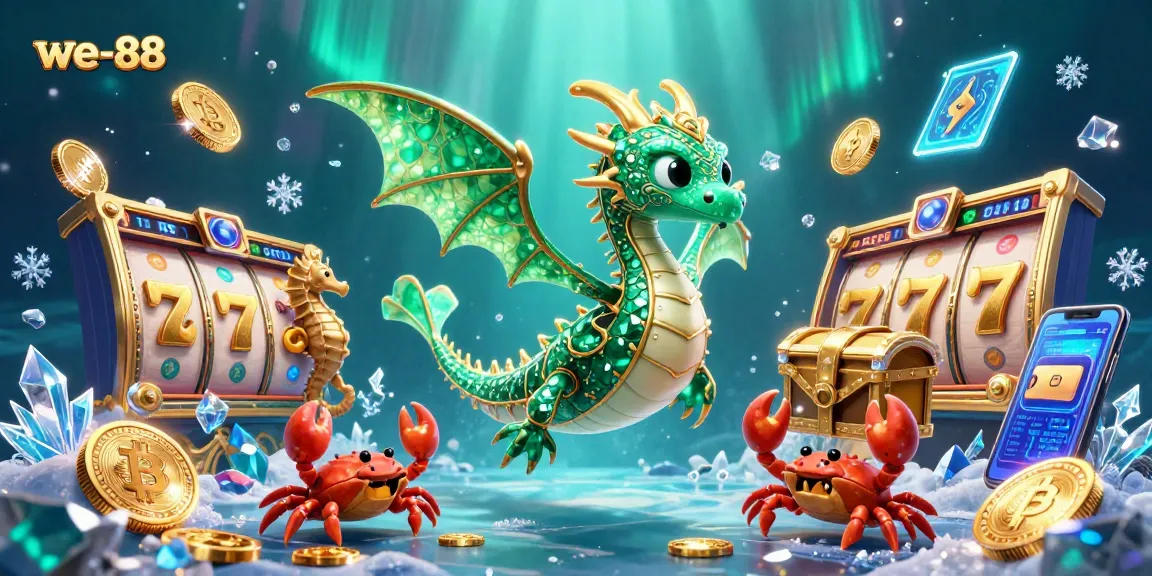 Experience exciting gaming action at we-88 with a vibrant illustration featuring emerald sea creatures and slot elements.