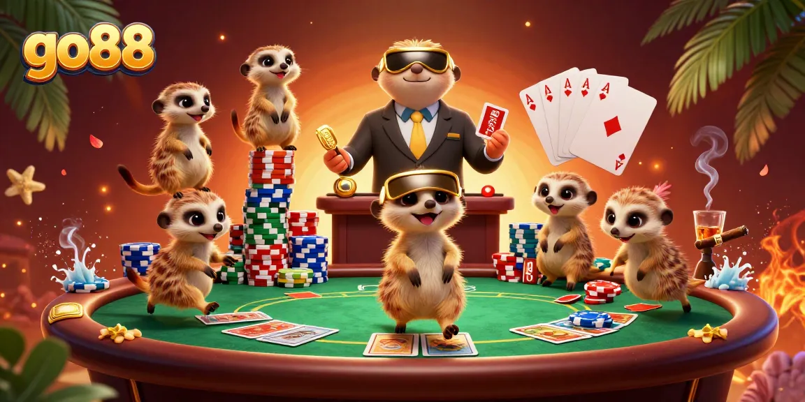 Experience the vibrant energy of go88 with playful meerkats managing a bustling casino operation.