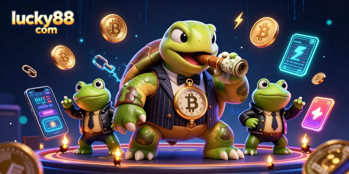 Engage with winning strategies at lucky88 com in this colorful 3D casino scene featuring a snapping turtle and bullfrog enforcers.