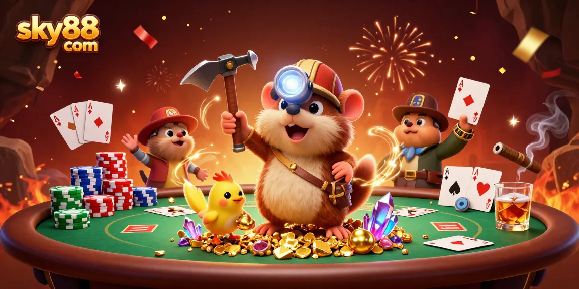 Winning at sky88 com with a mole miner amidst poker excitement and treasure