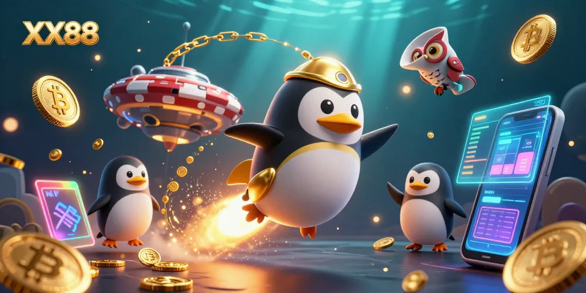 Experience thrilling gameplay with XX88, as the golden penguin races to the casino station amidst floating coins and crypto elements.