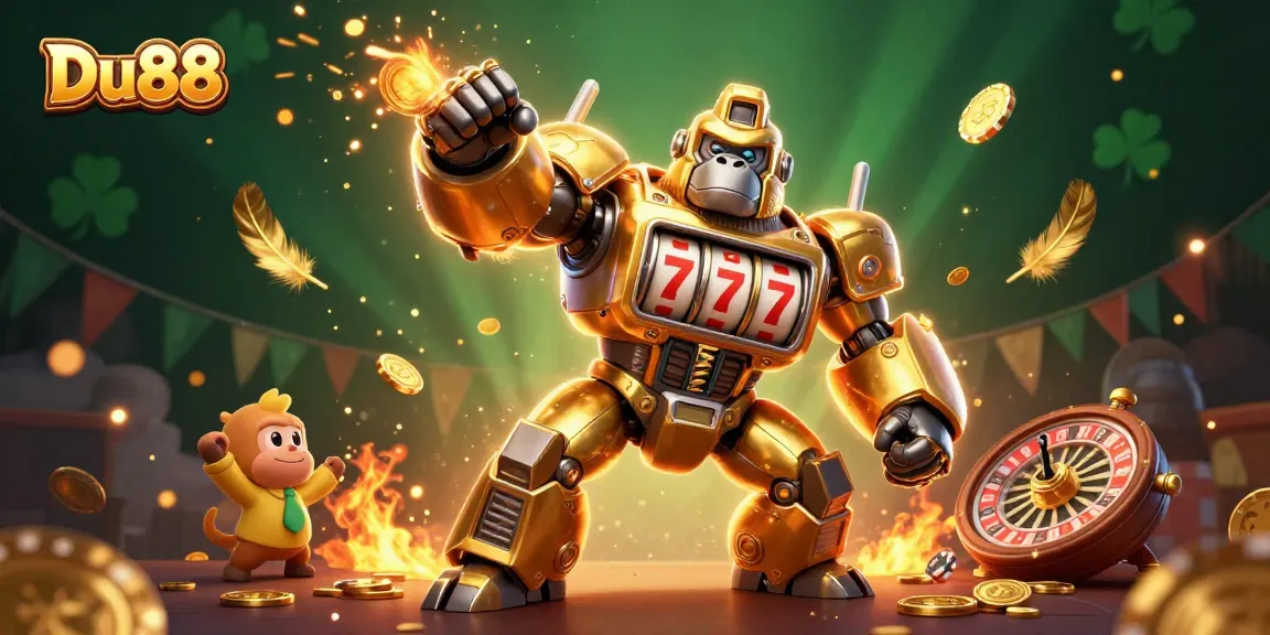 Experience thrilling gameplay with Du88's golden gorilla mech amidst casino action and excitement.