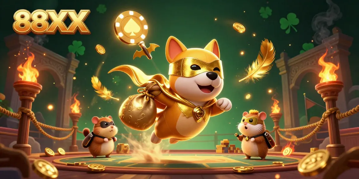 Engage in thrilling gameplay with 88XX, featuring a cartoon superhero dog and hamster amidst gold coins and casino elements.