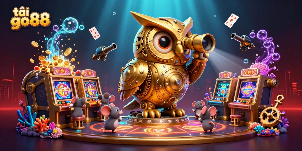 Engaging scene showcasing "tải go88" with a vibrant casino atmosphere featuring a golden owl and mouse patrons among slot machines.