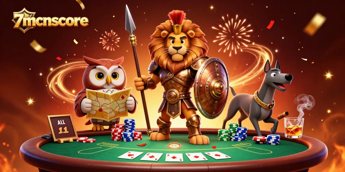 Engage with 7mcnscore's vibrant poker scene featuring intricate 3D characters and casino elements.