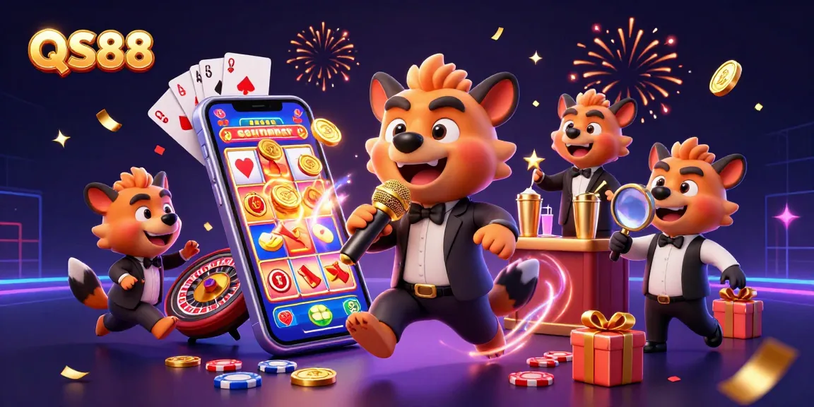 Experience the fun at QS88 with a vibrant 3D casino scene featuring a hyena comedy club.