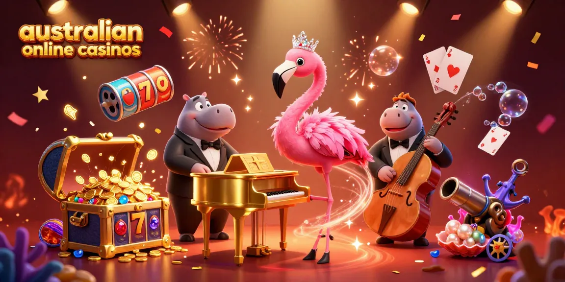 Experience fun at australian online casinos with a lively flamingo singer and hippo bassist under celebration lights.