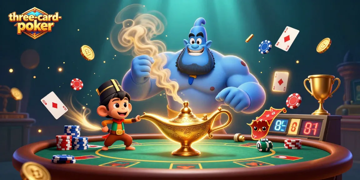 Engage with three-card-poker gameplay featuring cartoon characters, chips, and dynamic casino elements.