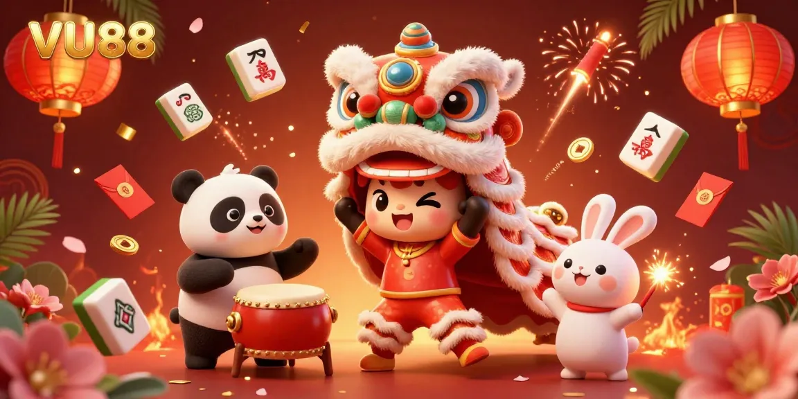 Engage with VU88's vibrant online gaming atmosphere featuring a lively lion dance, drumming panda, and festive elements.