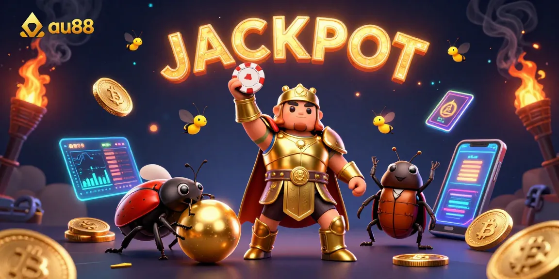 Spin and win big at au88 with a golden beetle hero lifting poker chips amidst a vibrant casino backdrop.