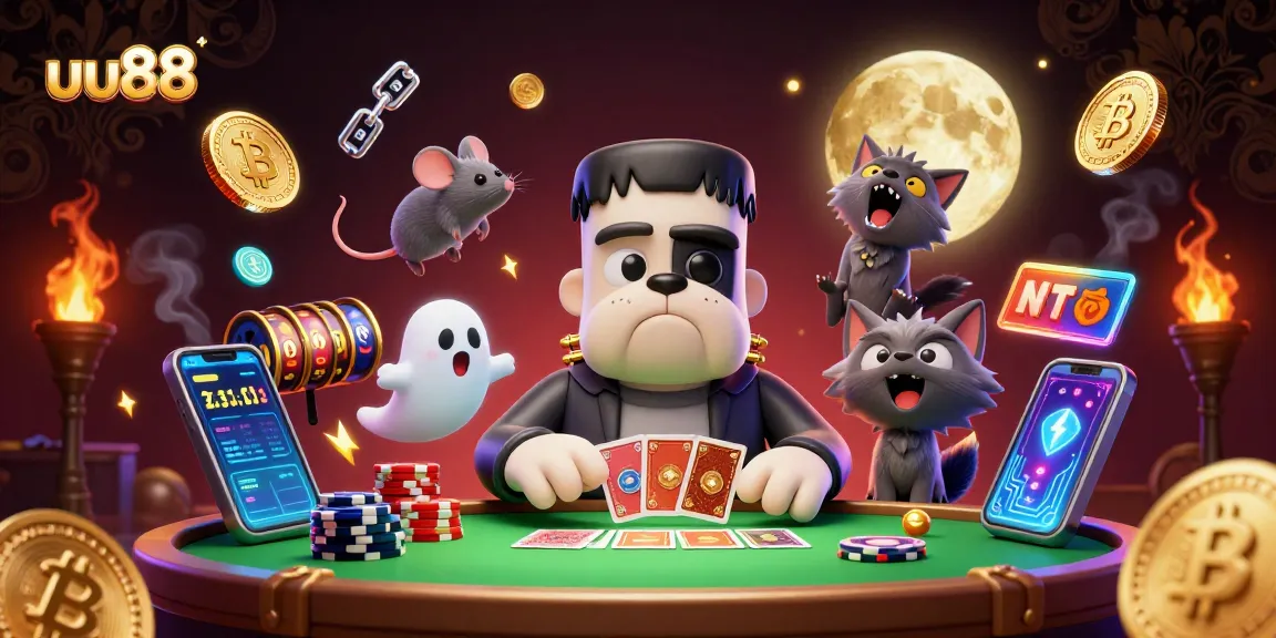uu88 players enjoying thrilling casino action with vibrant characters, exciting game elements, and a spooky atmosphere