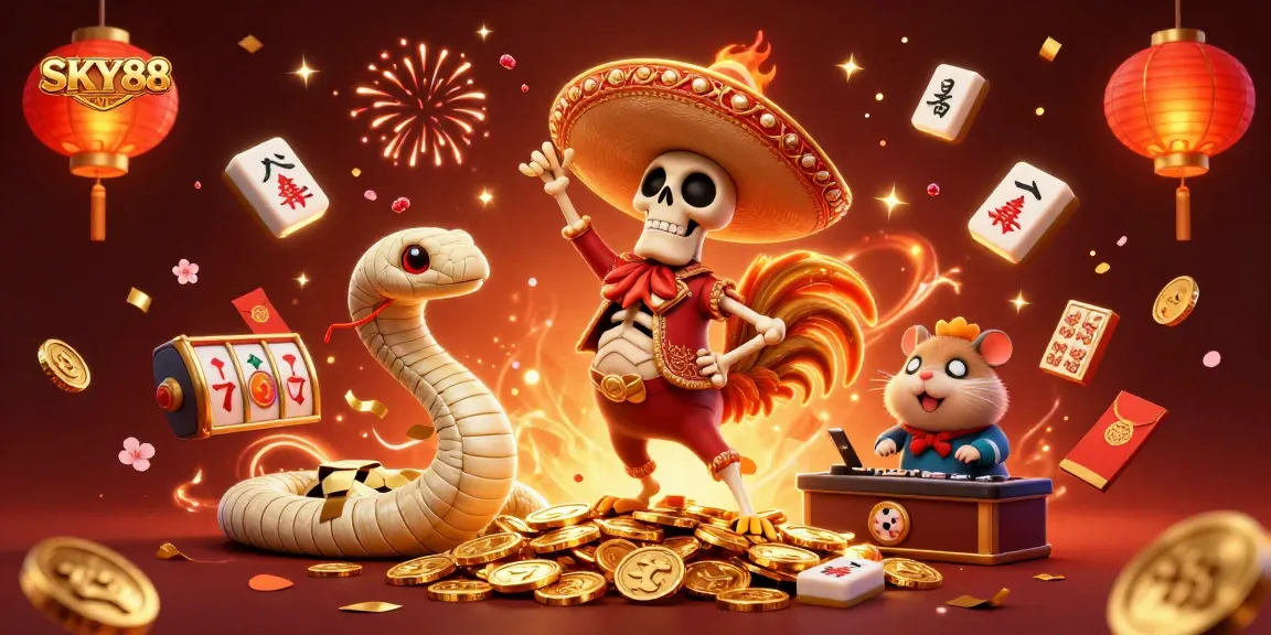 Experience the excitement of SKY88 casino with a festive celebration featuring animated characters and rich game elements.
