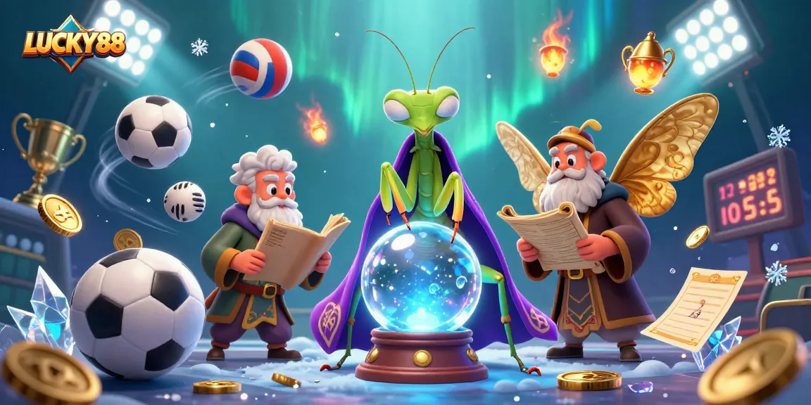 Experience LUCKY88's fortune with a mystical scene featuring a praying mantis fortune teller and interactive game elements.