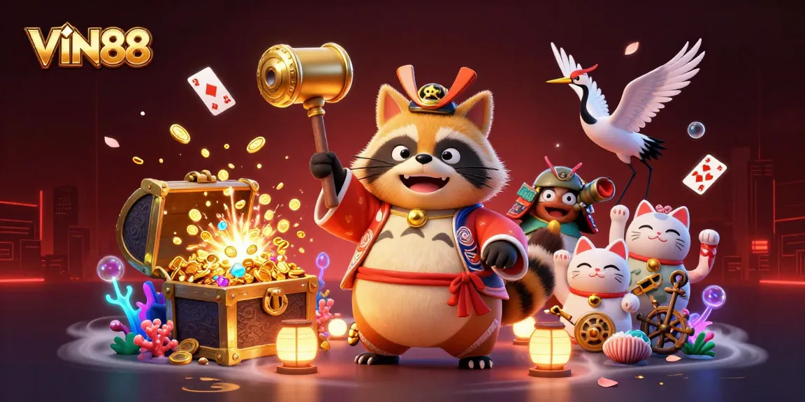 Experience the thrilling world of VIN88 with a cheerful tanuki and lucky symbols in this vibrant casino-themed illustration.
