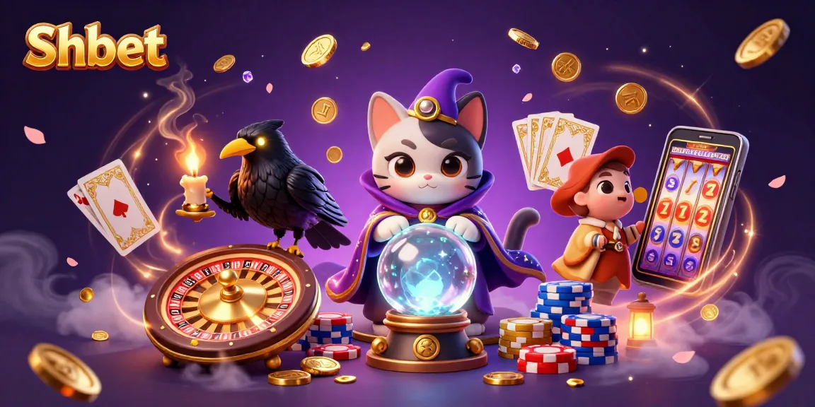Shbet fortune teller mystic cat and tarot raven ensconced in dynamic casino elements of games and luck.