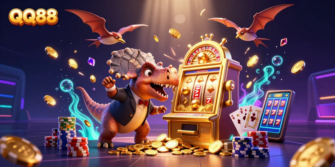 Experience QQ88 with a pachycephalosaurus winning jackpots, surrounded by dynamic casino elements.