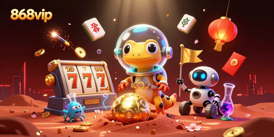 Experience the excitement of 868vip at a golden casino on Mars with captivating slot reels and vibrant elements.